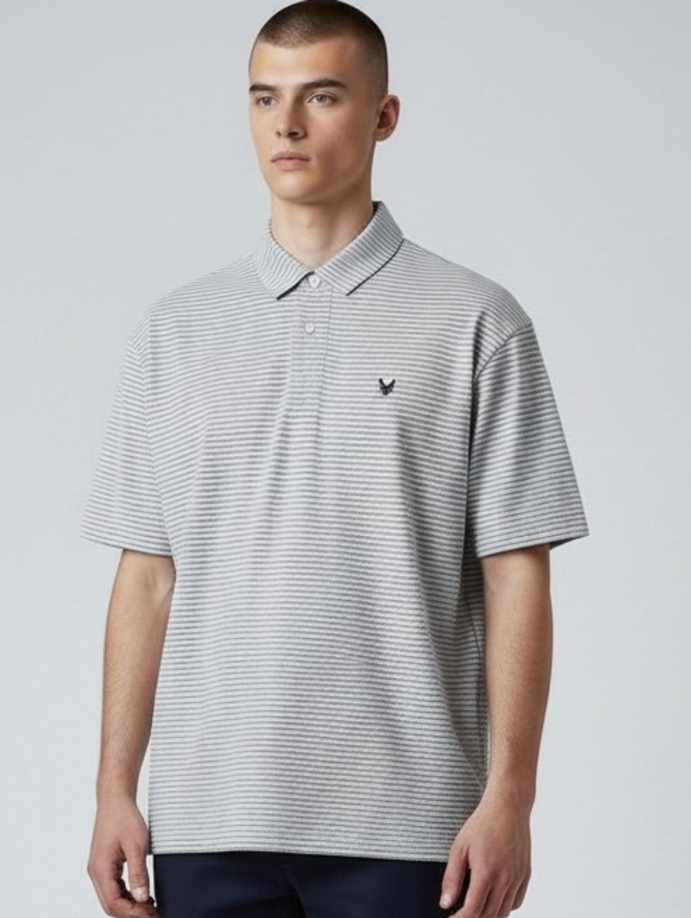 American Eagle Striped Baby Blue Polo Shirt L